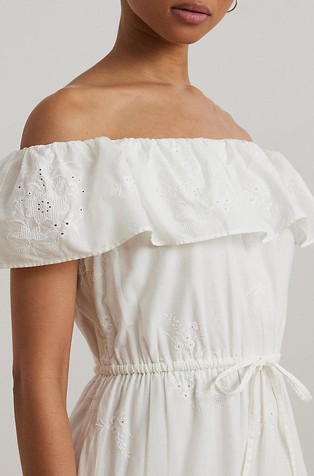 RALPH LAUREN Bombažna obleka z odkritimi rameni in naborki Bela - White 4