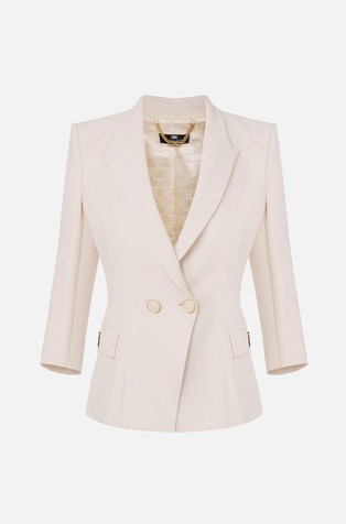 ELISABETTA FRANCHI Double-breasted crêpe jacket with logo plaque Butter 5