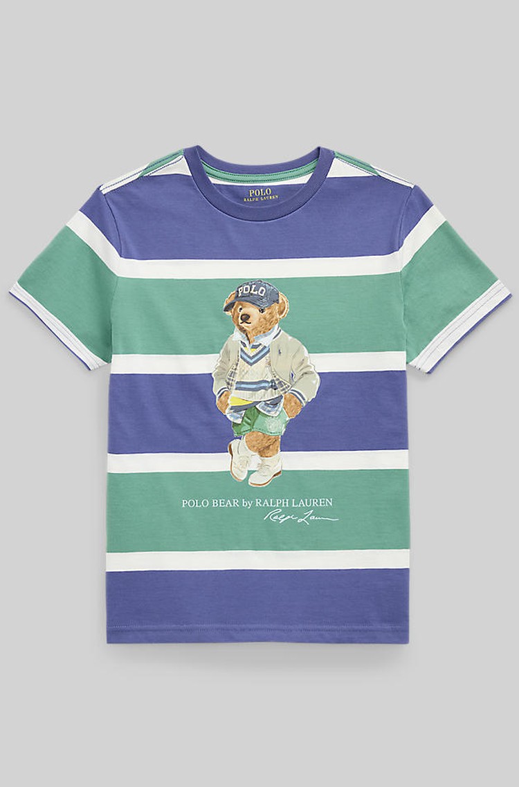 RALPH LAUREN Polo Bear Striped Cotton Jersey Tee Fairway Green Multi Bear 