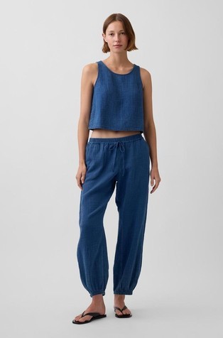 Ženske barrel hlače z zmečkanim videzom denima