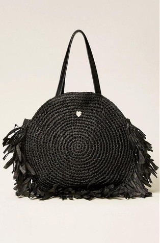 Raffia shopper bag with fringes