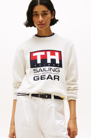 TOMMY HILFIGER Hilfiger Sailing unisex pleten pulover z intarzijskim logotipom Bela - Ivory 2