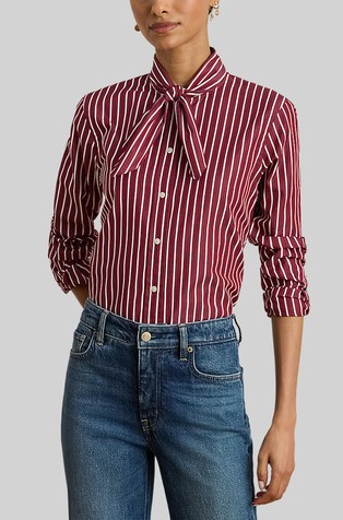 Striped Cotton Broadcloth Tie-neck Shirt