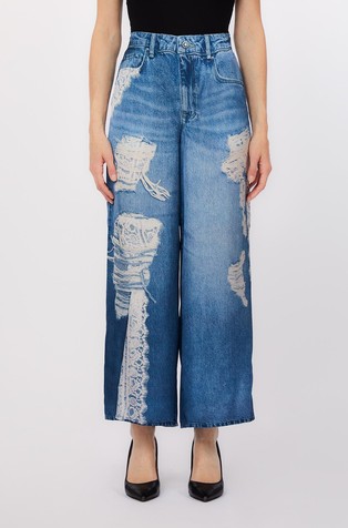 Hlače z videzom denima in čipkastimi vstavki