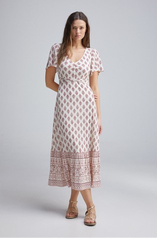 Midi obleka z boho vzorcem in kontrastnim naborkom