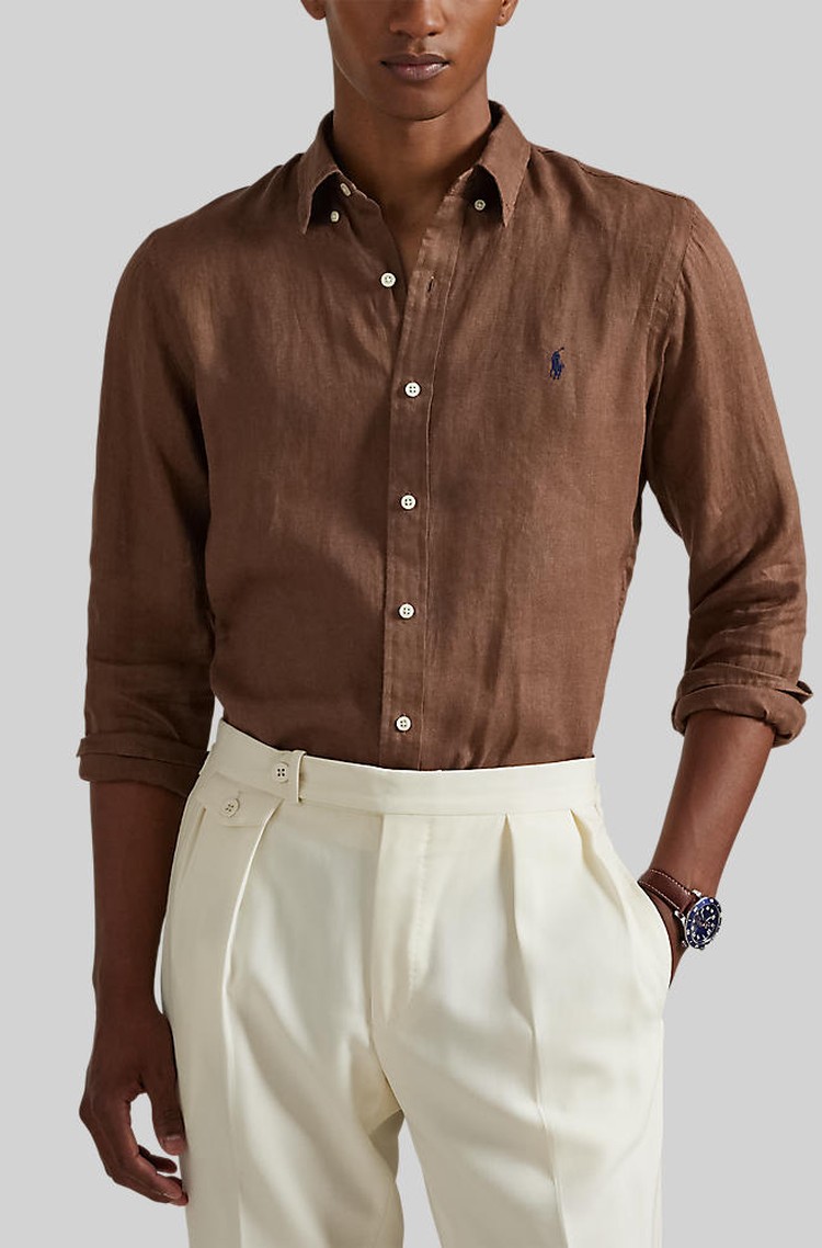 RALPH LAUREN Slim fit lanena srajca Rjava - Fall Brown Sp25 