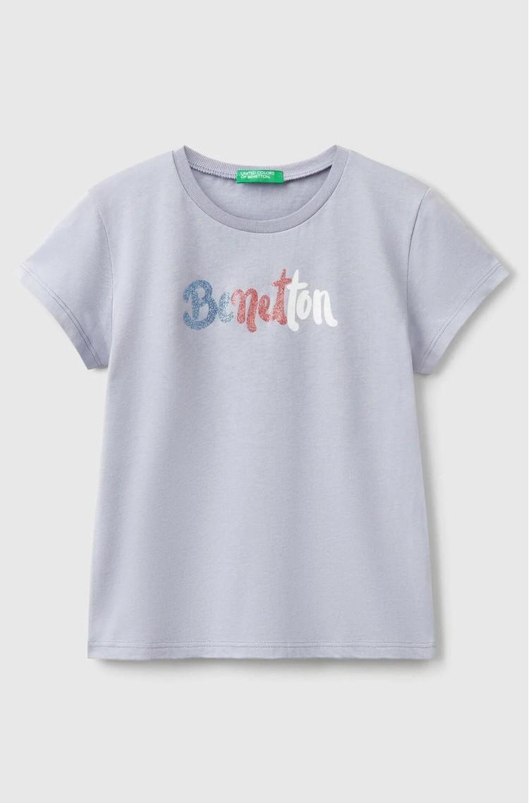 BENETTON Bombažna majica z bleščečim logotipom Siva - Gray 