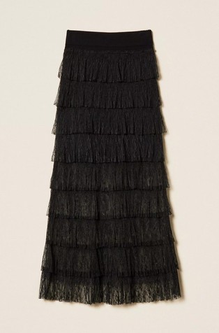 Long knit skirt with plumetis lace