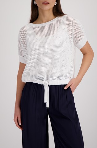 Luknjičasto pleten pulover z okrasnimi kamenčki