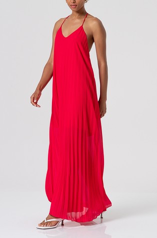 Dolga obleka z naramnicami iz plisiranega žoržeta