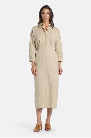 Midi lanena srajčna obleka