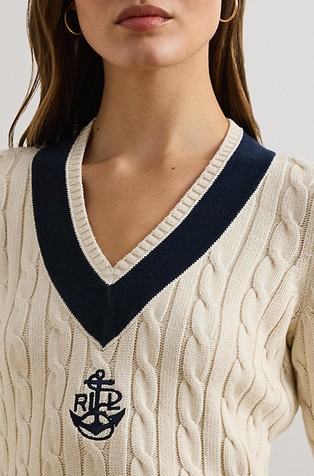 RALPH LAUREN Cable-knit Cotton Cricket Sweater Mascarpone Cream / Lauren Navy 3