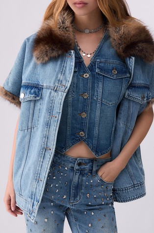 Denim vest with faux-fur details