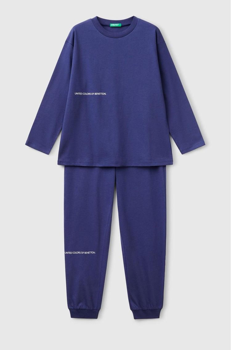 BENETTON Bombažna pižama z logotipom Modra - Blue 