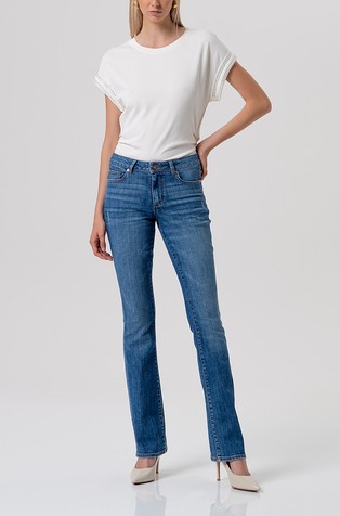 Jeans bootcut with push-up effect and rhinestoes made in denim