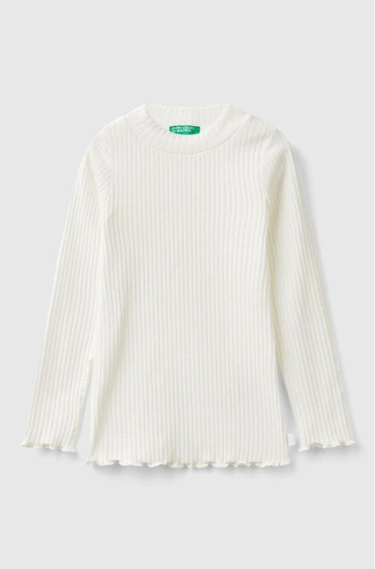 BENETTON Slim fit rebrasta bombažna majica z dolgimi rokavi Bela - Creamy White 
