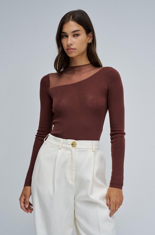 Pleten pulover s prosojnim vstavkom