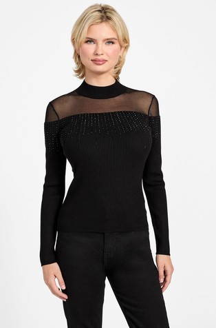 Pleten pulover s prosojnim vstavkom in okrasnimi kamenčki