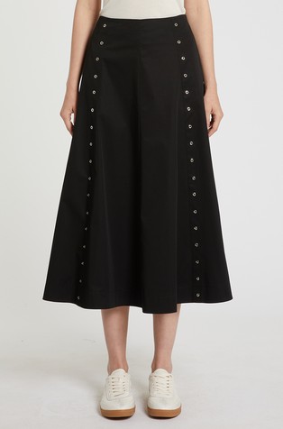 Flared cotton skirt with metal eyelets