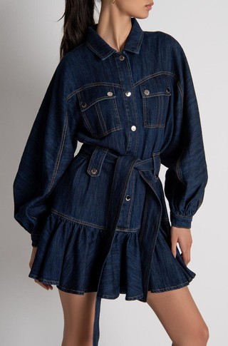Mini denim srajčna obleka s pasom za zavezovanje