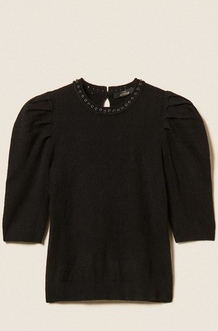 Puff-sleeve jumper with rhinestones