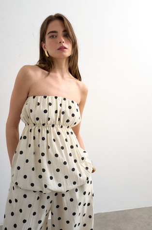 TSLINA polka-dot balloon hem off-the-shoulder top