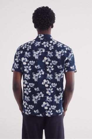 SPRINGFIELD Printed short sleeve cotton-linen shirt Blue 2