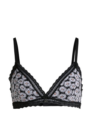 Daisy-print triangle bra with lace trims.