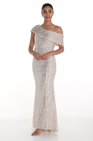 Dolga večerna obleka z odkritimi rameni in bleščicami