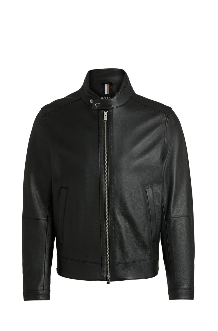 HUGO BOSS Regular fit jakna iz zrnatega usnja Črna - Black 
