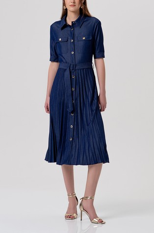 Midi srajčna obleka s plisiranim krilom