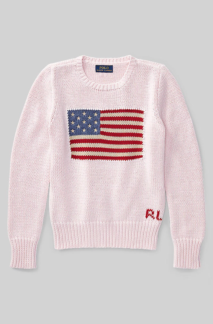 RALPH LAUREN Pleten bombažen pulover z motivom zastave Roza - Pink 