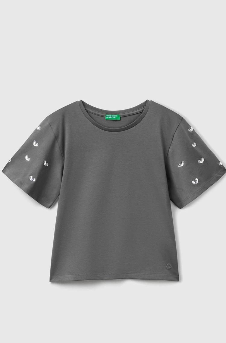 BENETTON Majica z okrasnimi kamni na kratkih rokavih Siva - Dark Gray 