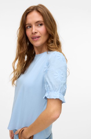 VERO MODA VMSENNA bombažna majica z napihnjenimi kratkimi rokavi Modra - Cashmere Blue 2