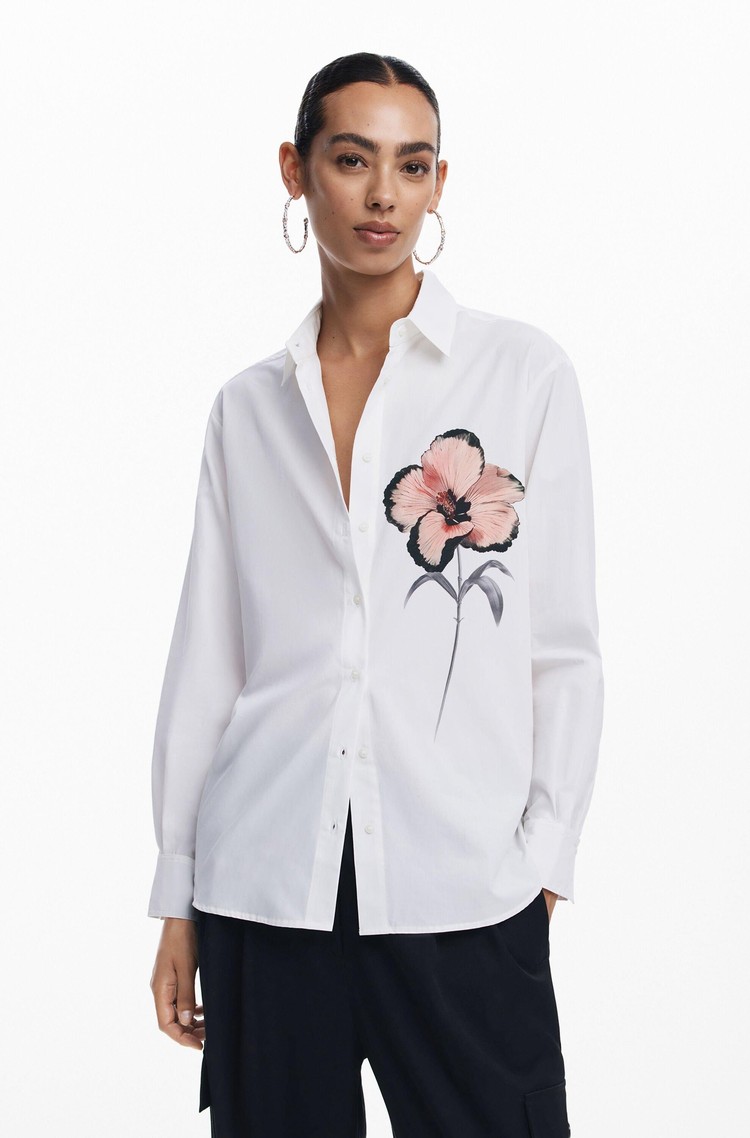 DESIGUAL Srajca z motivom rože Bela - White / Multi 