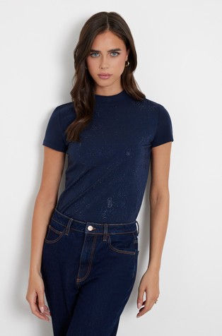 Stretch cotton T-shirt with rhinestones