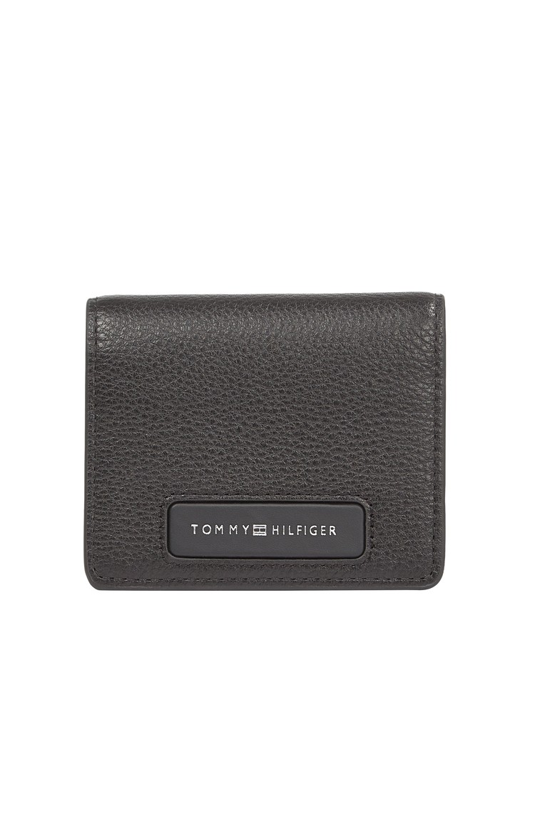TOMMY HILFIGER Monogram usnjena logo denarnica za kartice z zasnovo na pregib Črna - Black 