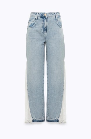 Jeans hlače s čipkastim vstavkom na širokih hlačnicah