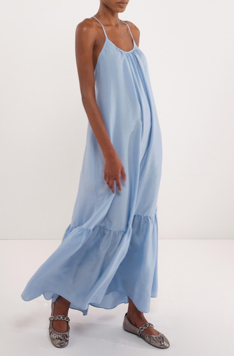 MARELLA Selected By Chloé Lecareux dolga svilena obleka z naramnicami Modra - Light Blue 
