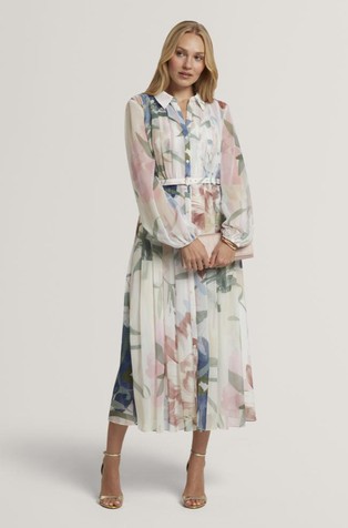 Plisirana midi srajčna obleka z vzorcem