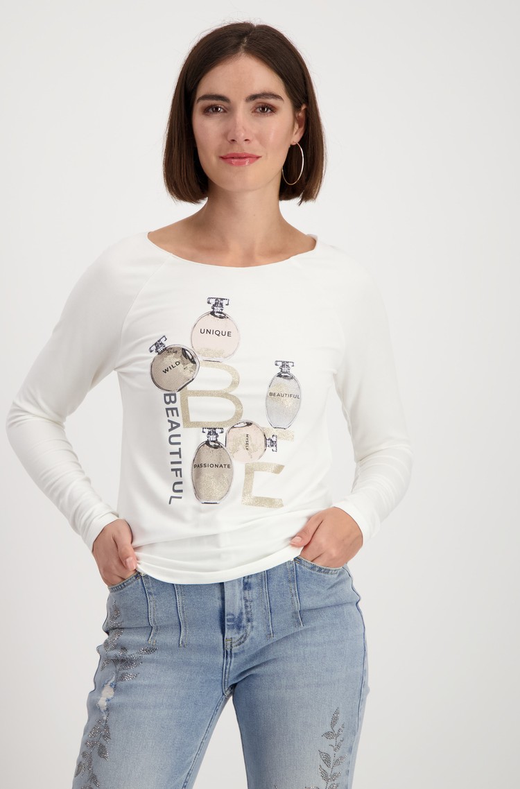 MONARI Viscose-blend long sleeved tee with print Off-White 