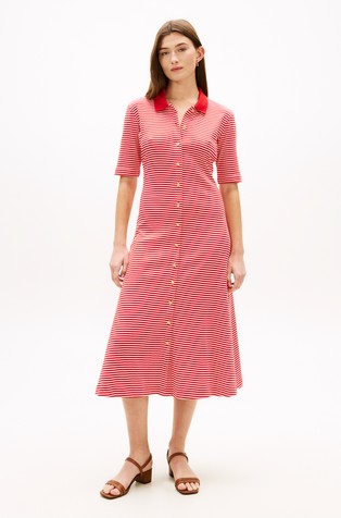 Črtasta midi polo obleka s kratkimi rokavi
