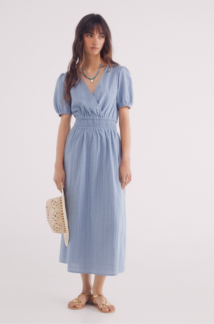 SPRINGFIELD Cotton midi dress with puff sleeves Blue 