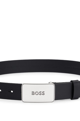 HUGO BOSS Leather belt with antique-effect branded plaque buckle Black 3
