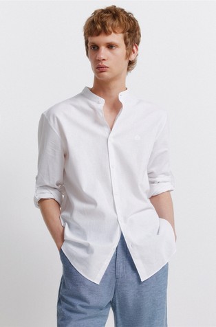 Cotton and linen mandarin collar shirt