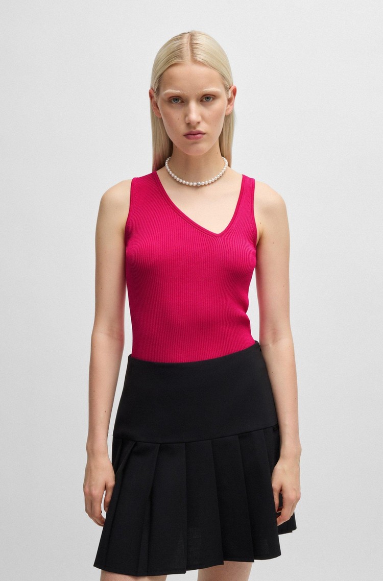 HUGO BOSS Rebrasto pleten top z asimetričnim V-izrezom Roza - Pink 