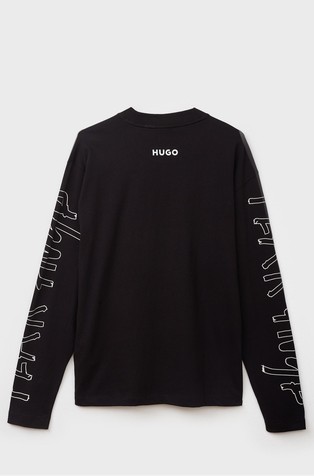 HUGO BOSS Bombažna majica z dolgimi rokavi in natisnjenimi grafikami Črna - Black 2