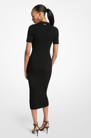 MICHAEL KORS Rebrasto pletena obleka s polo ovratnikom iz viskozne mešanice Črna - Black 2