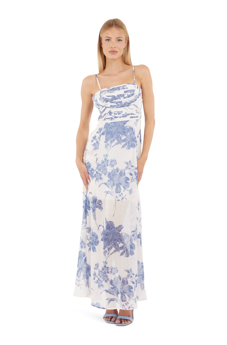 GUESS Chiffon maxi dress with floral pattern White / Blue 