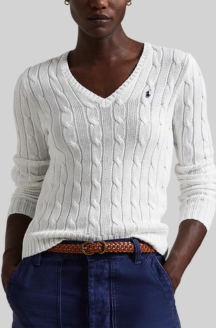 Strukturirano pleten bombažen pulover z V-izrezom